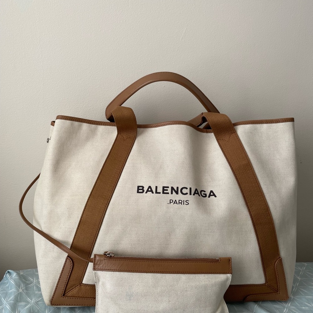 Balenciaga Cream and Brown Canvas Tote with Pouch